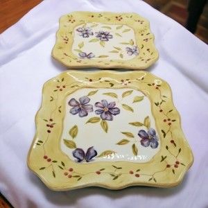 Vintage Capriware Stoneware Pedestal Dinner Plates Purple Floral Set of 2